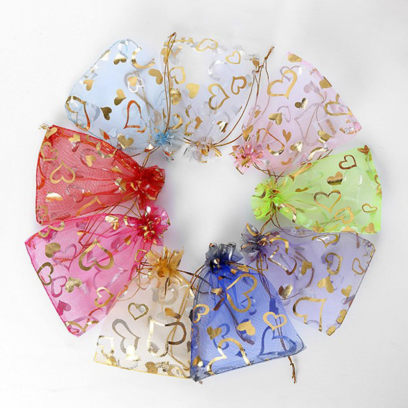 

100Pcs/lot 7X9cm 9X12cm 11X16cm 13X18cm Gold Color Love Heart Rose Organza Bag Wedding Candy Gift Christmas Bags Jewelry Packing