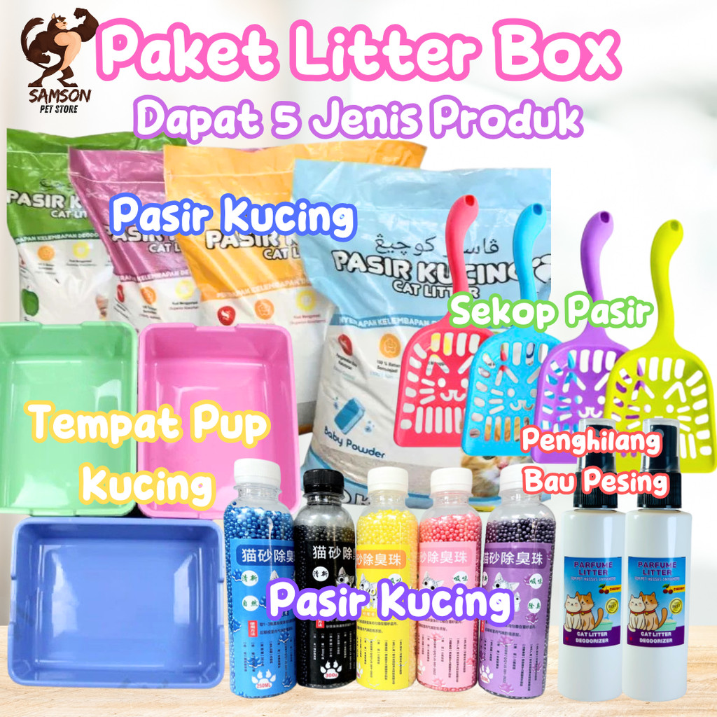 [GROSIR] PAKET CAT LITTER BOX KUCING 5 IN 1 | BAK PASIR KUCING + SEKOP + PASIR KUCING GUMPAL WANGI 1