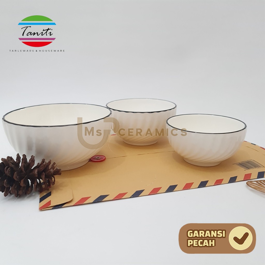 TANITI Mangkok Keramik Ulir Skrup Embossed Putih Polos 5 INCH 13 Cm Mangkok Bulat Cantik Aesthetic