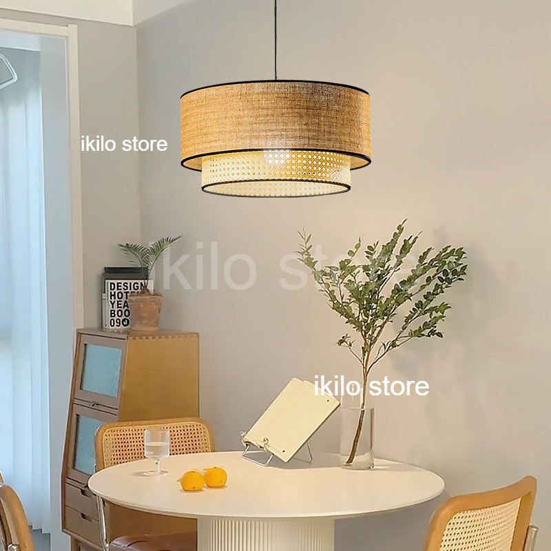 Lampu Gantung Anyaman Bambu Handmade Gaya Jepang, Lampu Plafon Rotan Retro untuk Meja Makan, Teahous