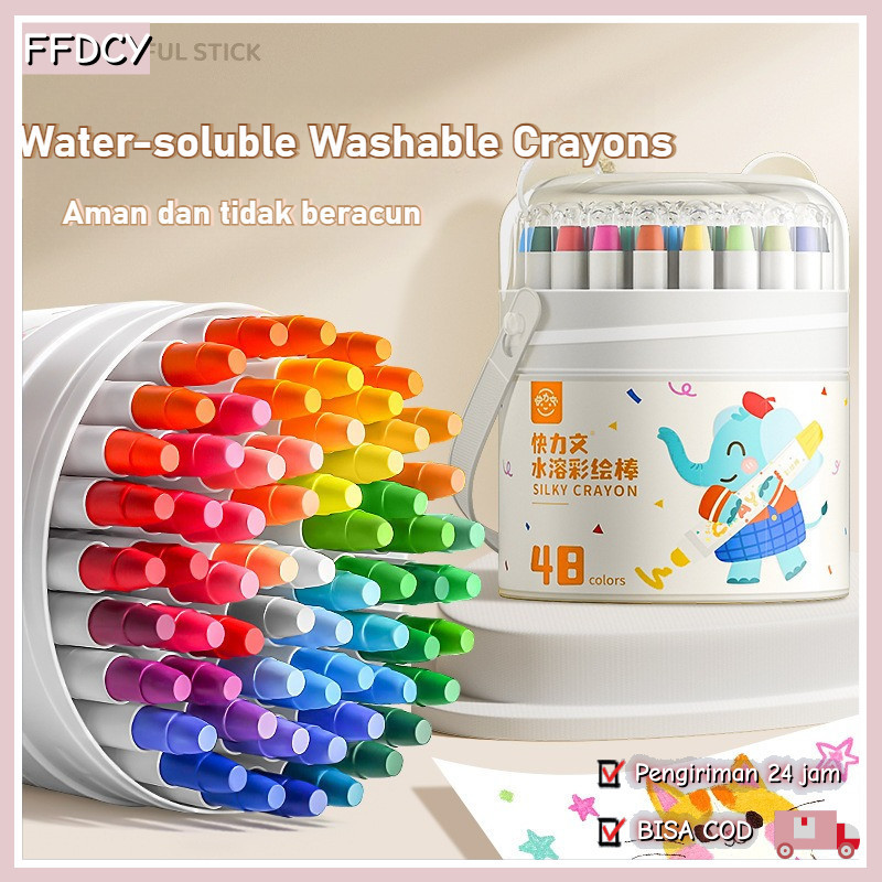 

48 Warna Colorful Washable Silky Crayon Bucket Krayon Mewarnai Alat Warna Set Anak Wipe and Clean