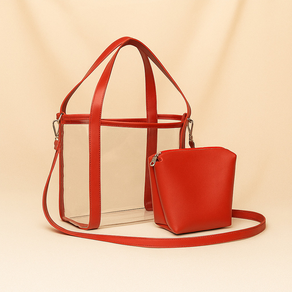 Tas Wanita 2 in 1 Set Pouch Totebag Transparan Mika Besar Tas Selempang Bahu untuk Kuliah Jalan-Jala