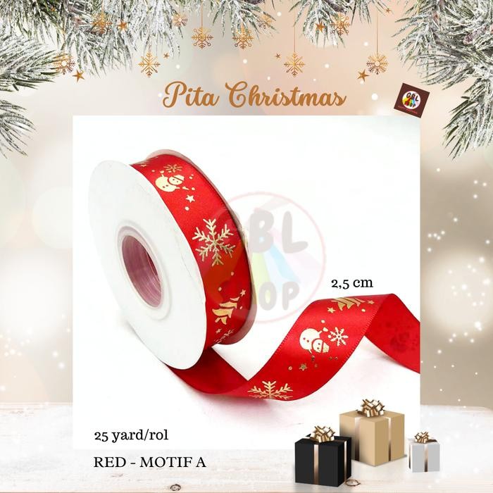 

MHT - Pita Natal Kado Hampers Parcel Bingkisan 2,5cm ( 25 Yard ) - Motif A - Red terbaru