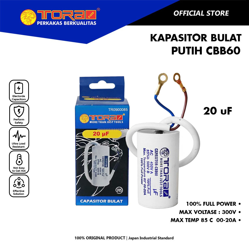 TORA Kapasitor 20 uF CBB60 Bulat Putih - Capasitor CBB60 Run 450V AC