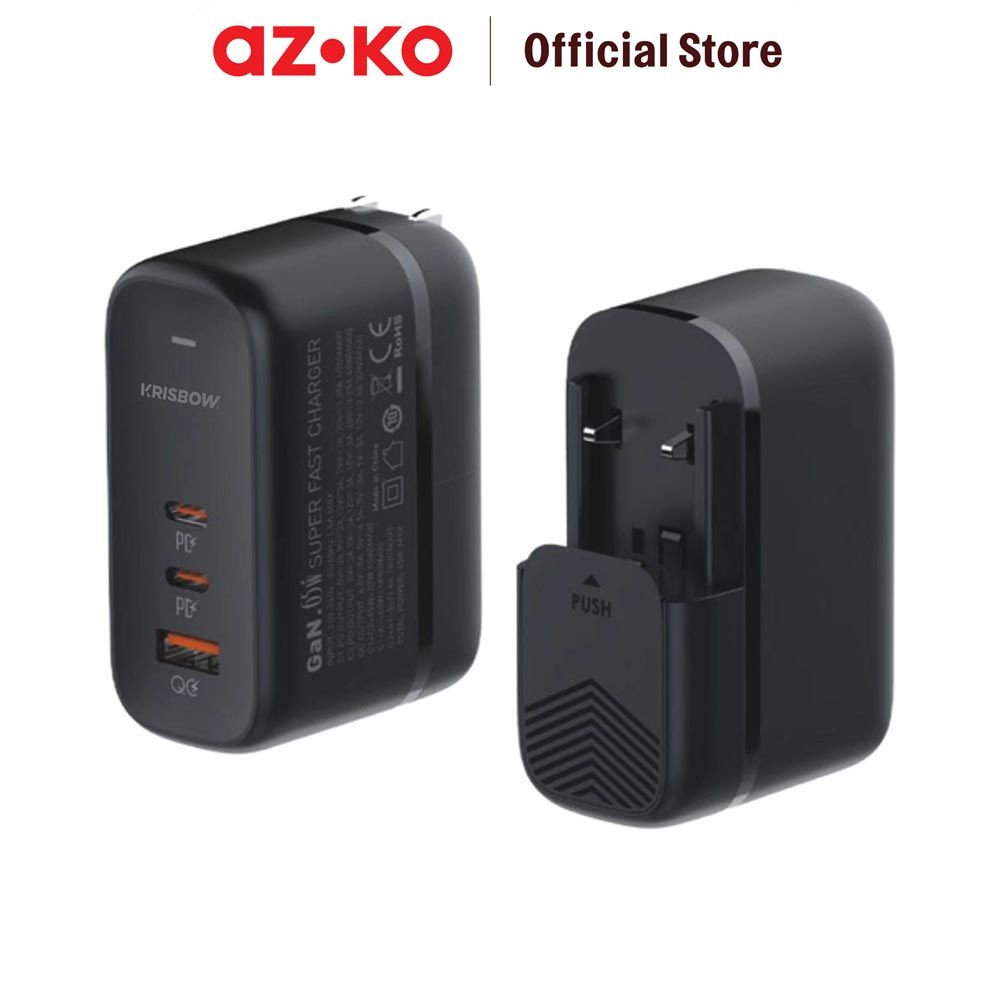 AZKO Krisbow Travel Adaptor Usb A & Type C 65 watt Qc Kepala Charger Power Plug Converter Colokan Ad