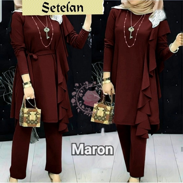 setelan L yusnita maroon baju tunik remaja set celana murah yes gb