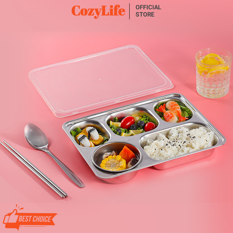 COZYLIFE Food Tray 5 sekat Piring kotak Makan Stainless 5 Sekat dengan Tutup Tebal Food Tray Stainle
