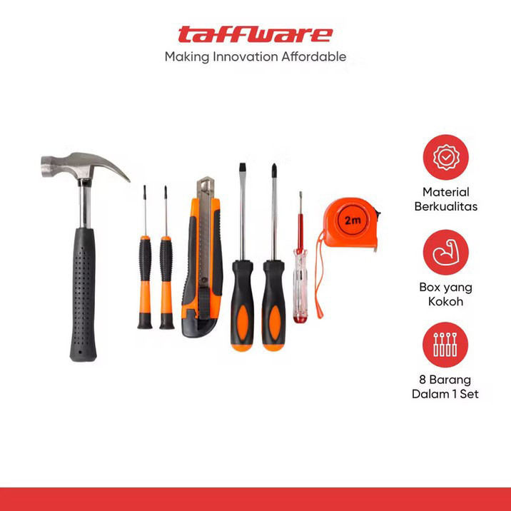 

- Taffware Alat Set Perkakas Palu Obeng Cutter Meteran 8 in 1 -