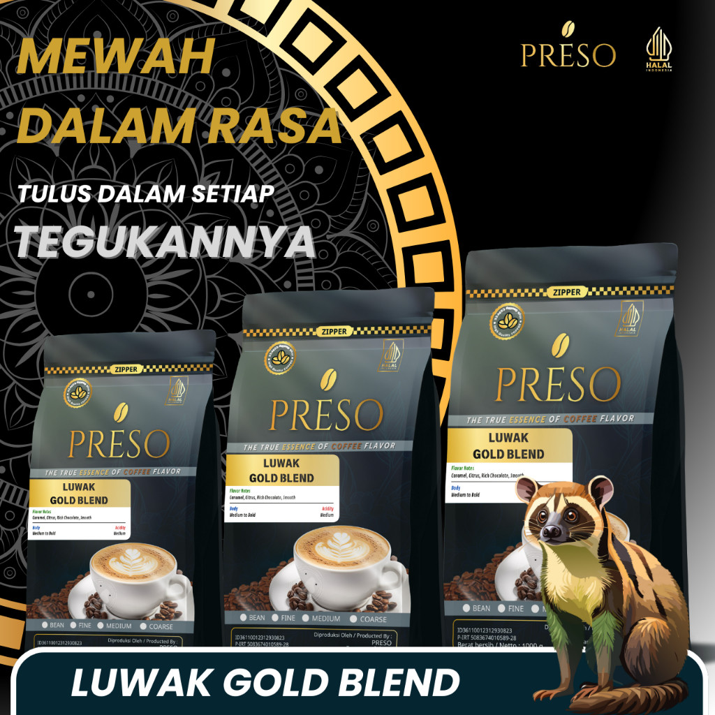 

PRESO Biji Kopi Bubuk Luwak Gold Blend House Blend 80% Luwak 20% Robusta Coffee (200g, 500g, 1000g)