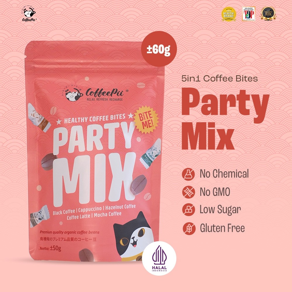 

CoffeePii Indonesia - 5in1 Tester Pack Party Mix - Coffee Bites | Coffee Treats | Snack Sehat Low Sugar | Snack Import Jepang - ±60 Pcs