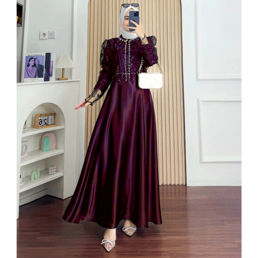 Dress Wanita Sakura Set Outer Brukat Gamis Lebaran 2026 Model Gamis Terbaru