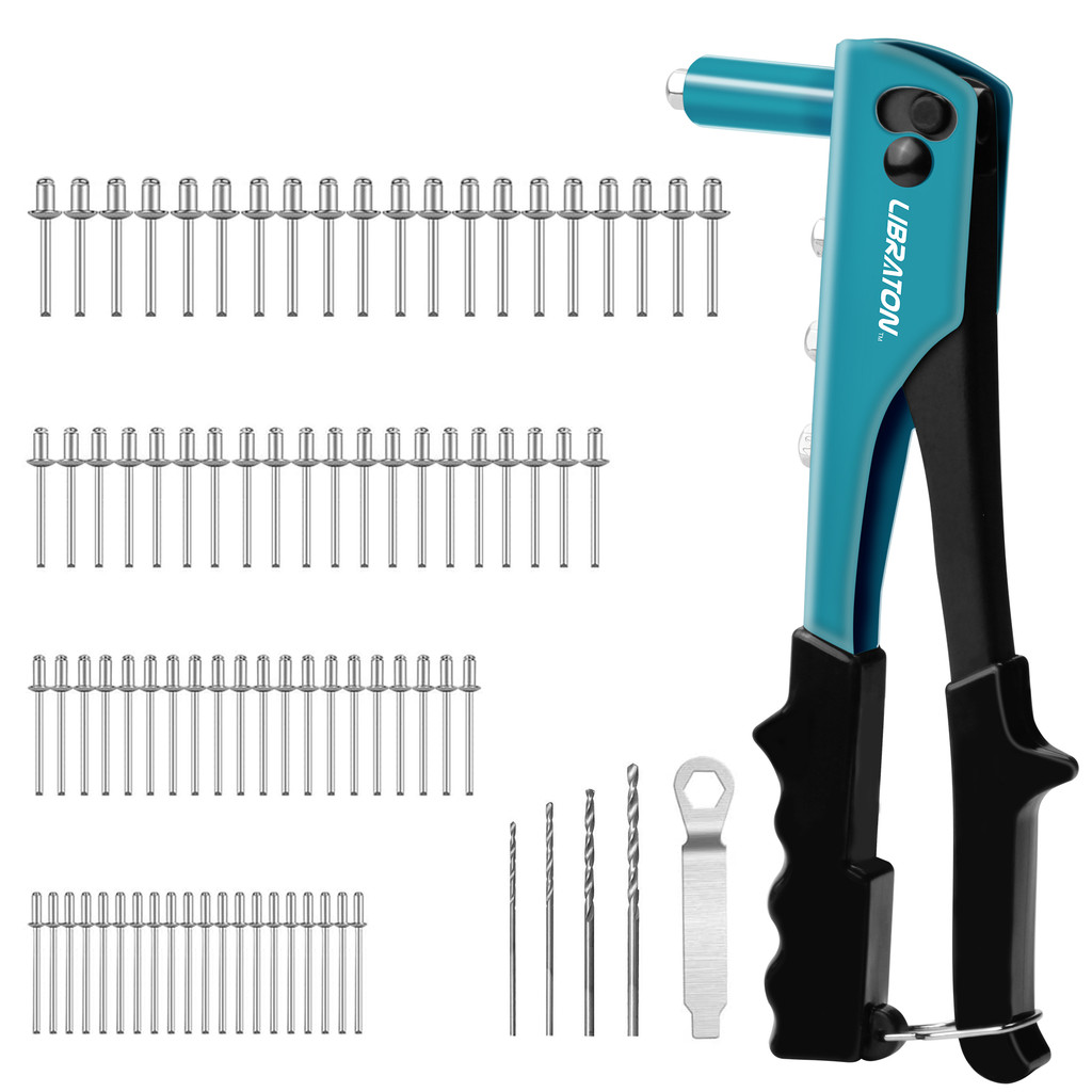 LIBRATON Rivet Gun Rivet Gun Kit Pop Rivet Gun 80PCS Metal Rivets 4 Drill Bits Heavy Duty Hand Rivet