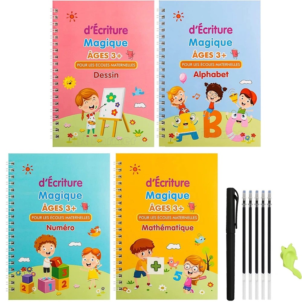 

4 Book/Set French Magic Writing Book for Kids Notebooks Mathematics Montessori Calligraphy Learn to Write 3D French Copy Book