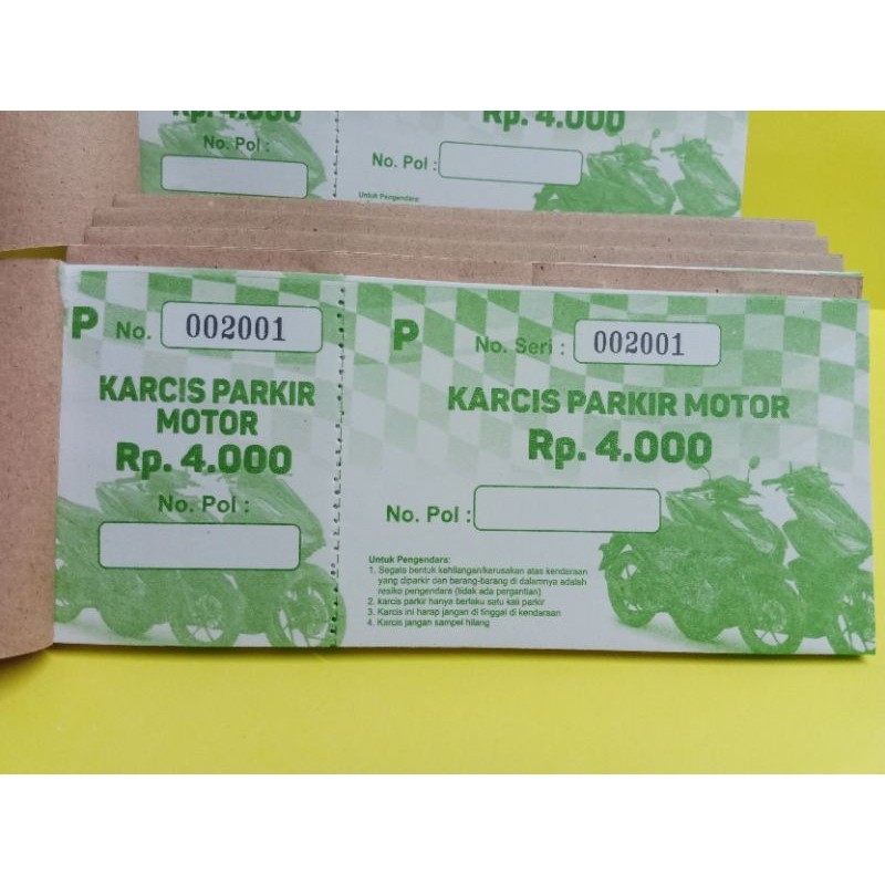 

PROMOO !!! KARCIS PARKIR NOMINAL 3 RIBU, 4 RIBU,5 RIBU, 10 RIBU MOTOR&MOBIL [ADA NOMER URUTNYA/NOMER SERINYA] ISI 50 LEMBAR