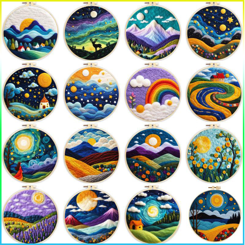 

CHENISTORY 1set Landscape Frame Painting Handmade Wool Felt Diy Material Wool Felting Painting For Beginner Craft For Friend Gif