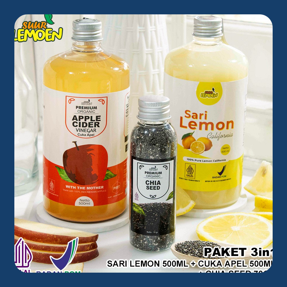 

Suur Lemoen Paket - Cuka Apel 500ML, Sari Lemon 500ML, dan Chia Seeds 70Gr
