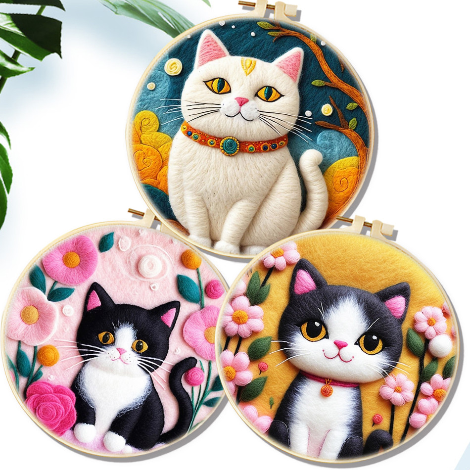 

Cat Pattern Needle Felt Starter Set For Beginners Wool Needle Felt Set With Felt Needle Handmade Felt Painting Kit For Diy Gift