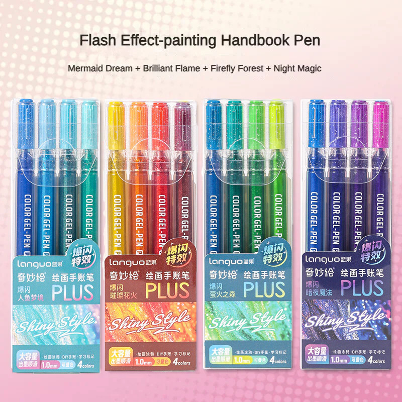 

LANGUO 228/4 Colors Glitter Effects 1.0mm/0.5mm Gel Pen Large Capacity Students Writing Pen Painting School Supplies Stationery