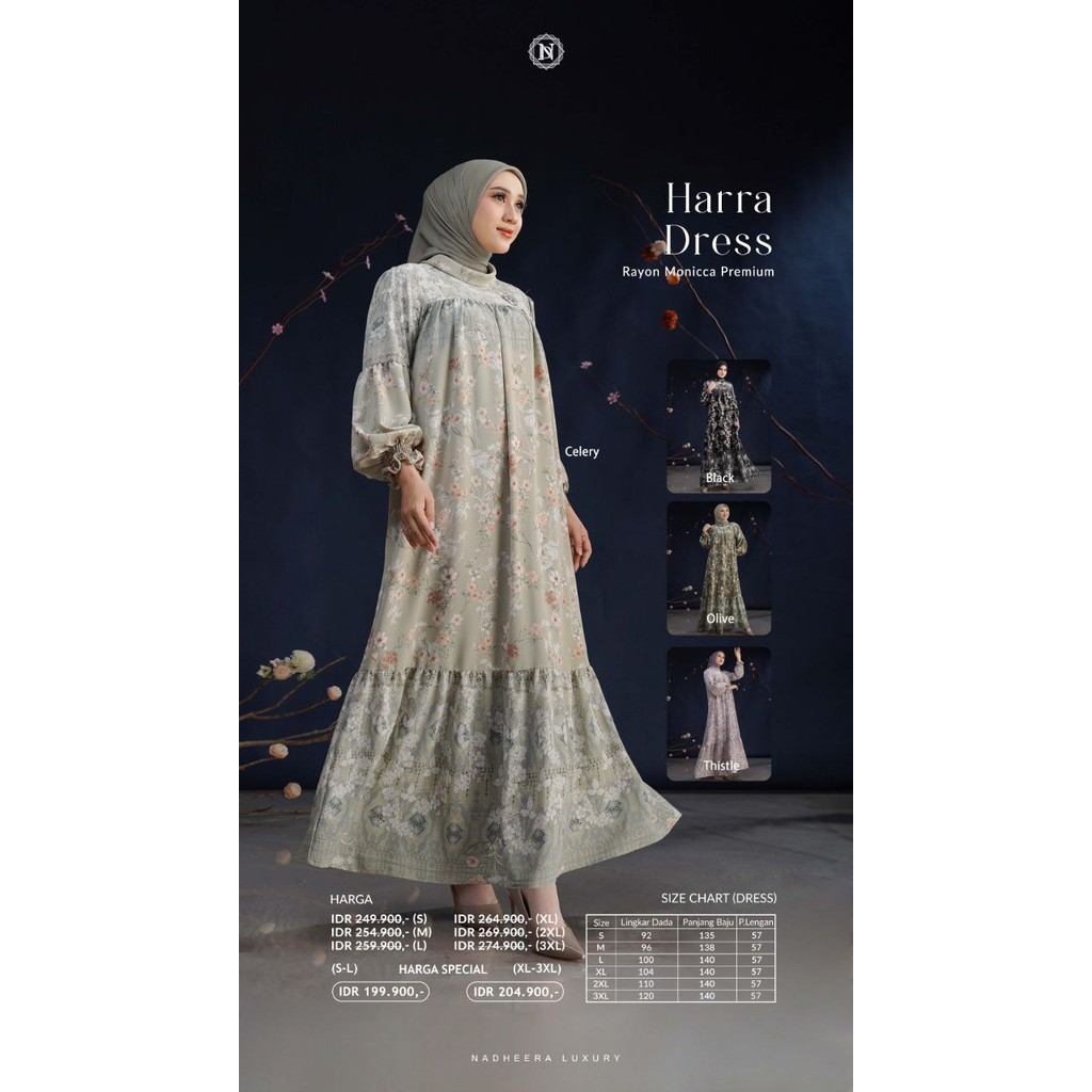 NADHEERA LUXURY HARRA DRESS RAYON MONICCA PREMIUM TERBARU 2025 // BLACK // CELERY // OLIVE // THISTL