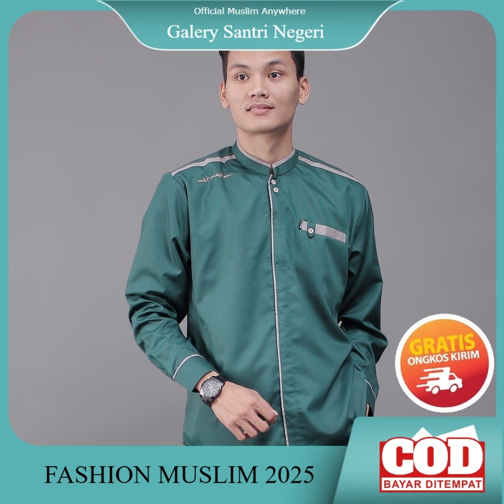 NEW Baju Koko Lengan Panjang Motif Yisunsin Warna Hijau Botol Bordir Elrumi Casual Slimfit Elegan