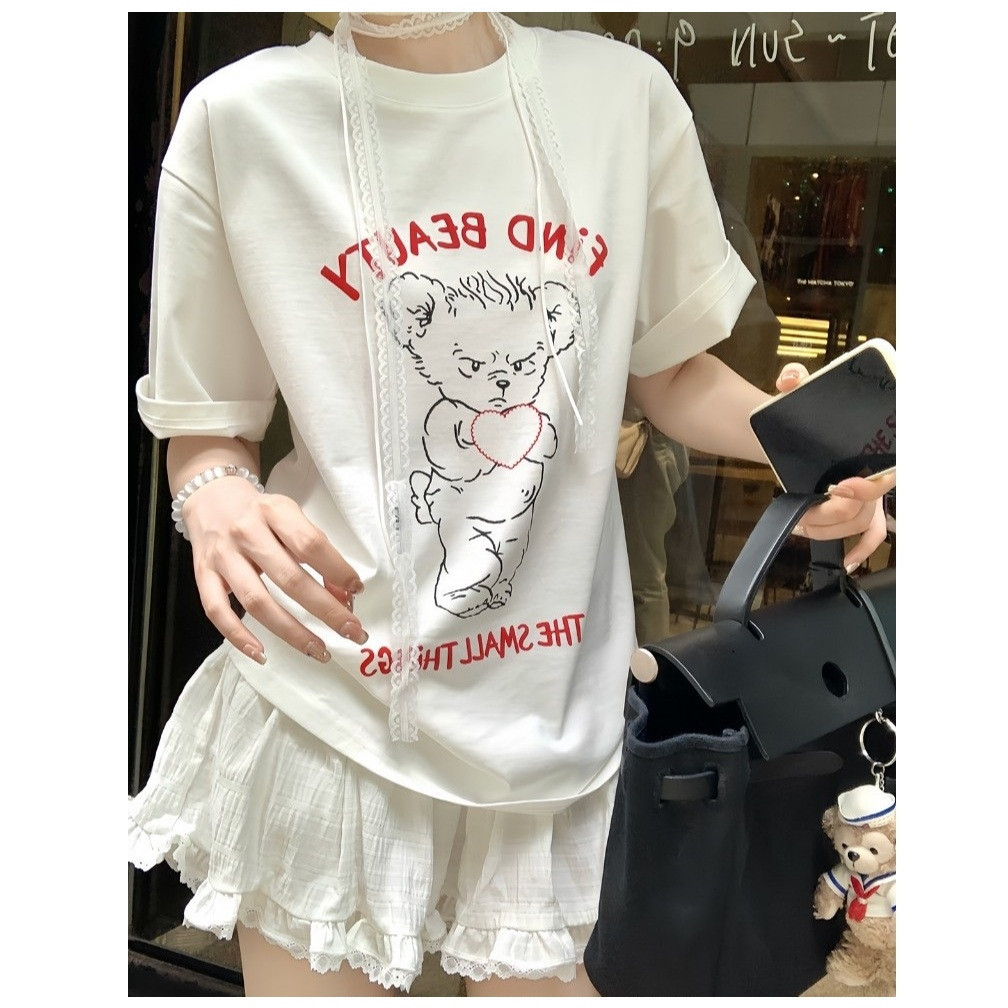 Kaos Oversize Lengan Pendek | Cetakan Pola Beruang | Kaos Oversize Wanita | 100% Cotton
