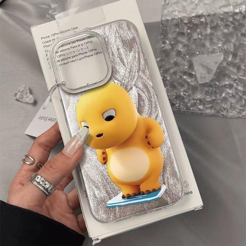 Phone Case Nailong Silikon Dino Kuning Warna Silver Metalic Case for Iphone XR 11 12 13 14 15 16 Plu