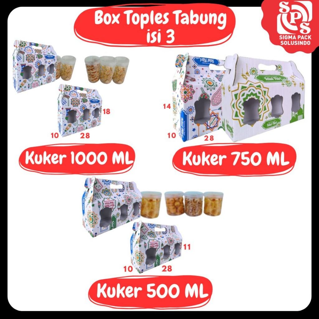 

Kardus Box Kuker Toples Isi 3 28x10x18 1000 ml / 28x10x14 750 ml / 28x10x11 500 ml Toples Tabung 500ml / 750ml / 1000ml Jinjing Gable Box Kue Kering Kardus Idul Fitri Dus Kue Kering MEDIAPACK