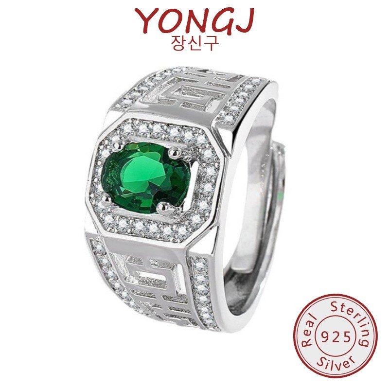 YONGJ Cincin Berlian Hijau Oval Platinum Pria