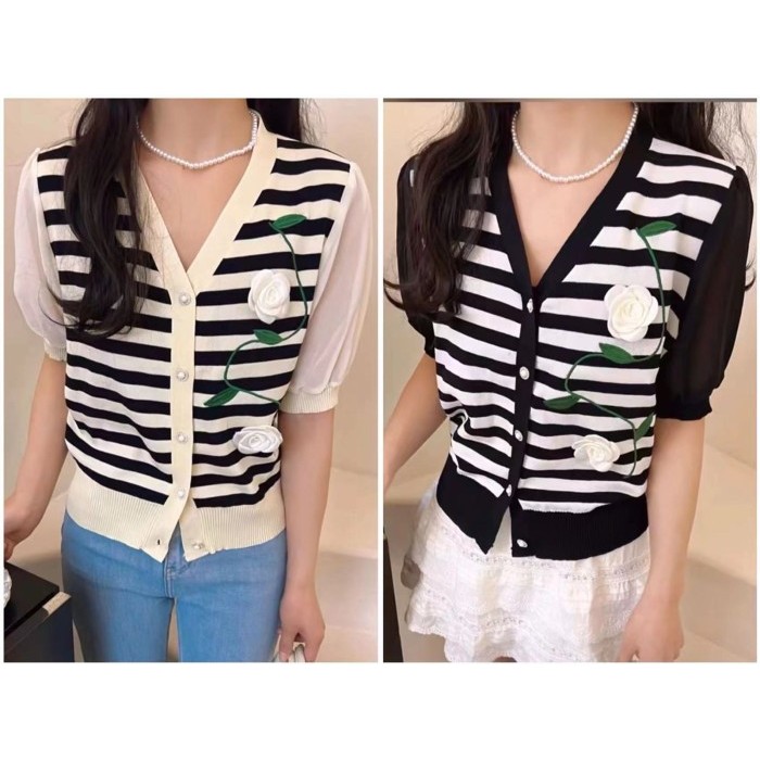 Cardigan Wanita Rajut Korean Style ICONZ Import kombinasi lengan sifon stripes  (3036/03446)