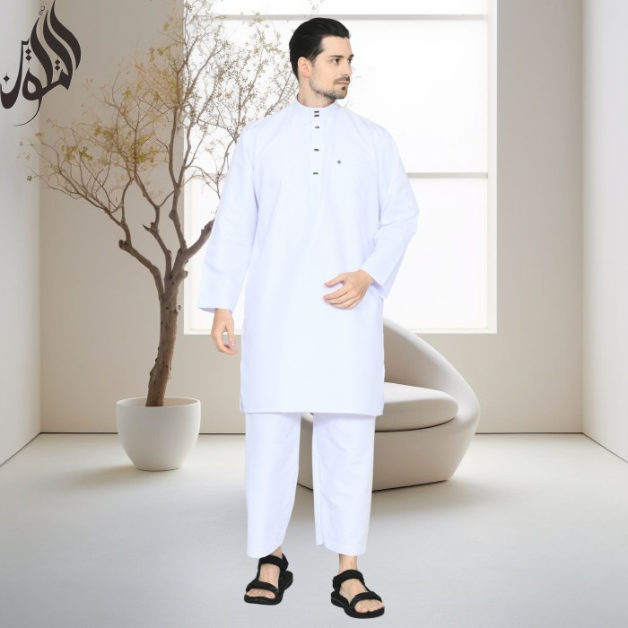 Baju Muslim Style KerenGamis Setelan Baju Muslim Koko Atasan Pria Tangan Panjang Sd001 Alwaan - Puti