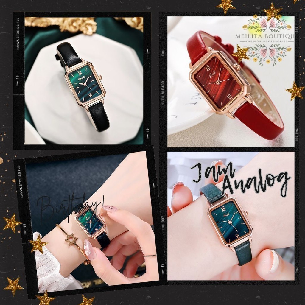 Jam Tangan Analog Wanita Persegi Kotak Tali Kulit