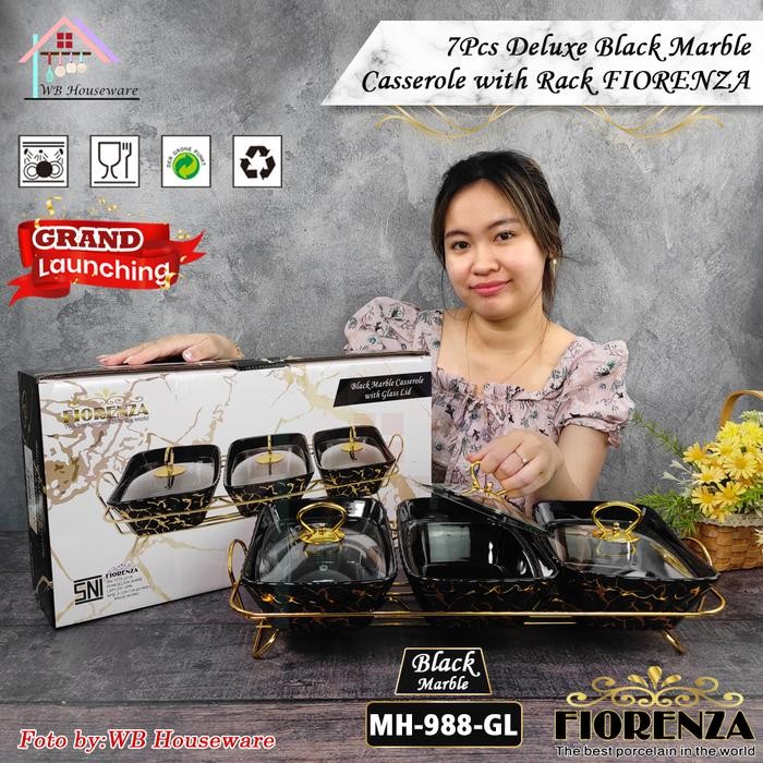 

Paket FIORENZA Prasmanan set isi 3 tutup kaca motif black marble + rak stainless chrome gold / deluxe food warmer with glass lid type MH-988/GL - MH-988/GL