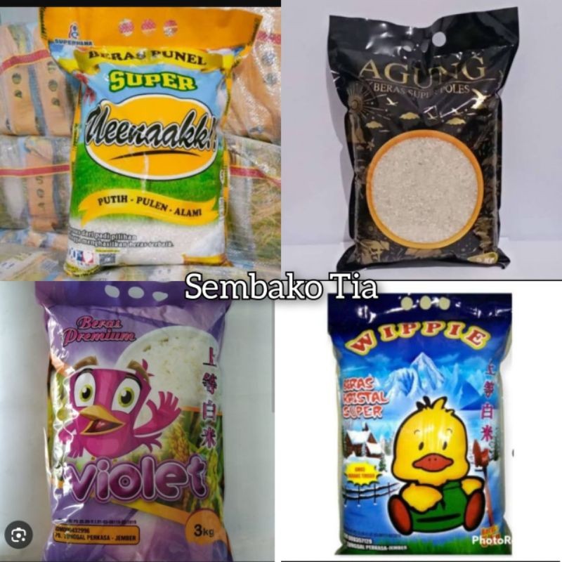 

Beras Violet 5kg/ Beras Super Ueenakkk 5kg/Beras wippie 5kg/Beras Agung 5kg/Beras Legon LeLe 5kg/Beras Komo 5kg