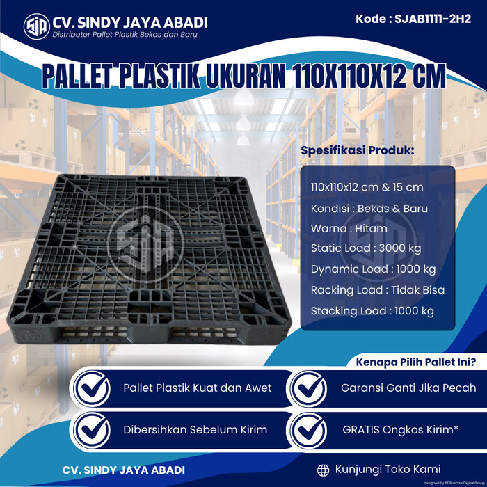 Pallet Plastik Bekas Ukuran 110x110x12 cm - SJAB1111-2H2 / Pallet Plastik Warna Hitam / Pallet Plast