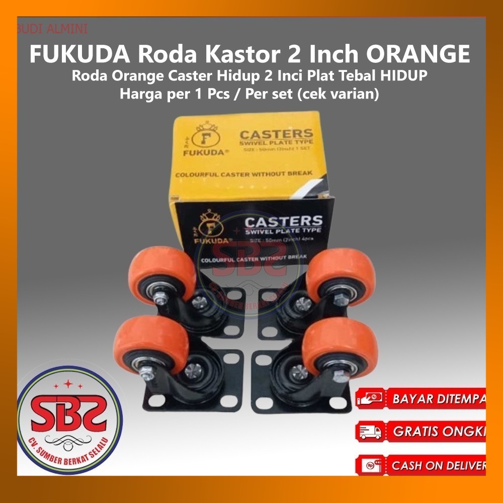 FUKUDA Roda Kastor 2 Inch ORANGE TEBAL Hidup TANPA REM / Castor Swifel Plate Etalase Troli PER SET -