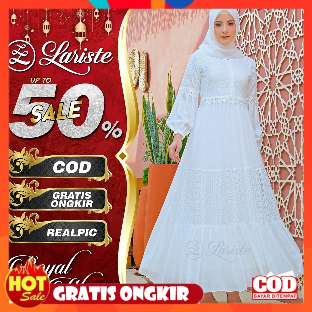 [PREMIUM ORIGINAL] LARISTE Gamis Putih Brukat Wanita Abaya Turkey Terbaru Mewah Elegan Premium 048 P