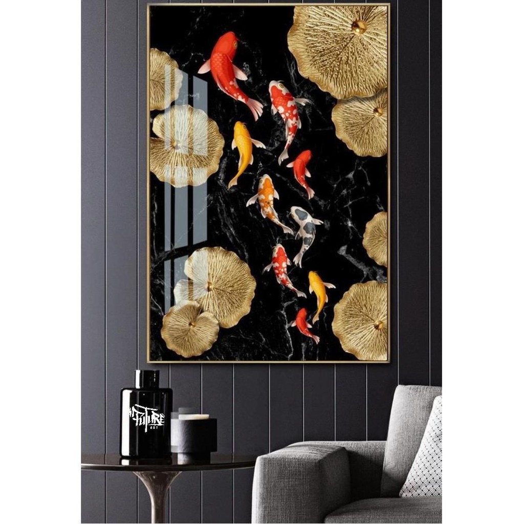 Lukisan ikan koi 9 ekor hiasan dinding ruang tamu - Future Art Painting