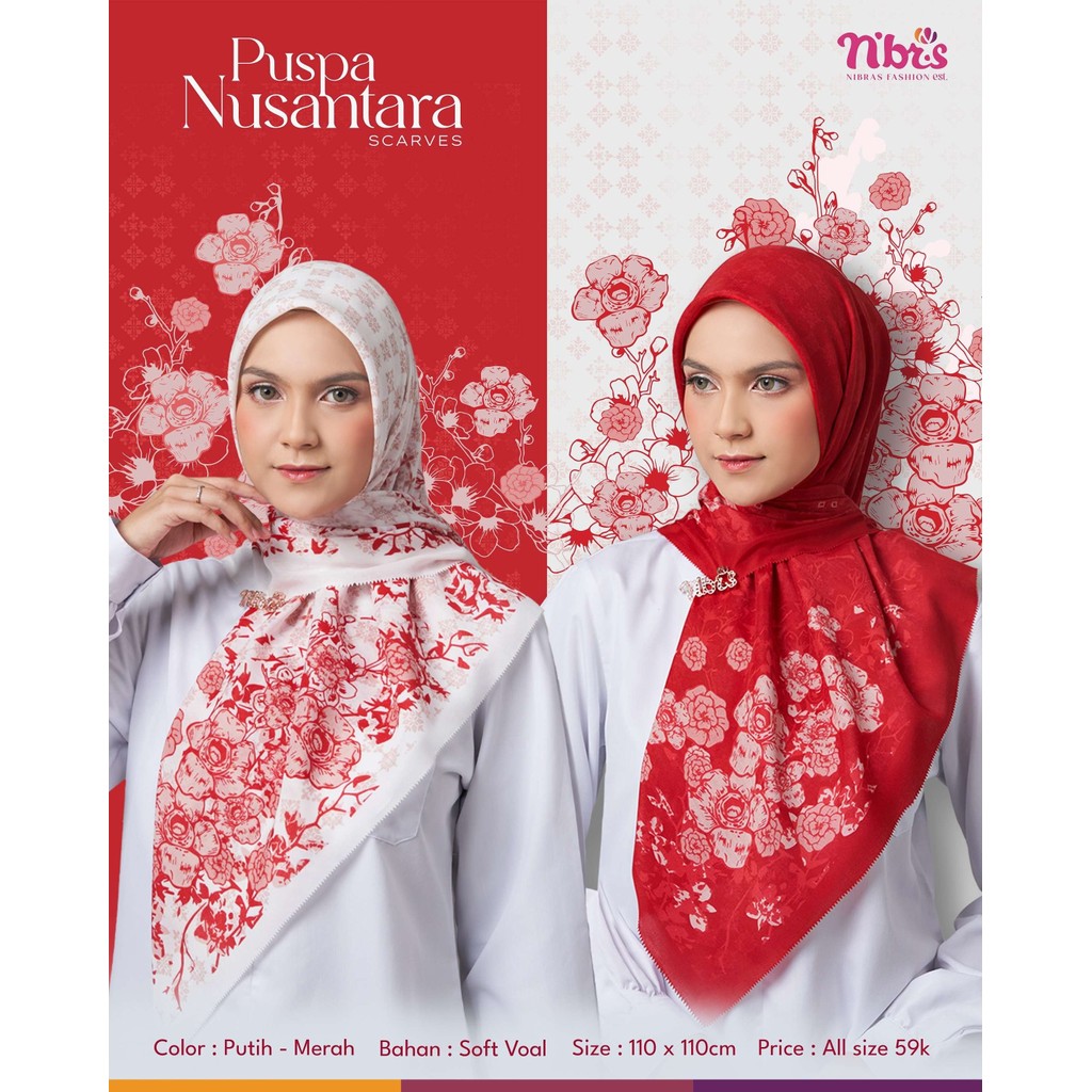 Nibras Hijab Segi Empat Puspa Nusantara| Hijab Segi Empat Merah Putih Premium | Hijab Segi Empat Kek