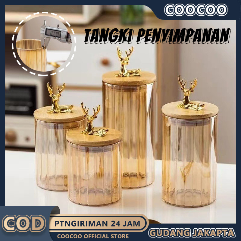 Toples Rusa Gold Penyimpanan Makanan/Toples Kaca Lebaran/Toples Makanan Kaca - Tutup Gold Kedap Udar