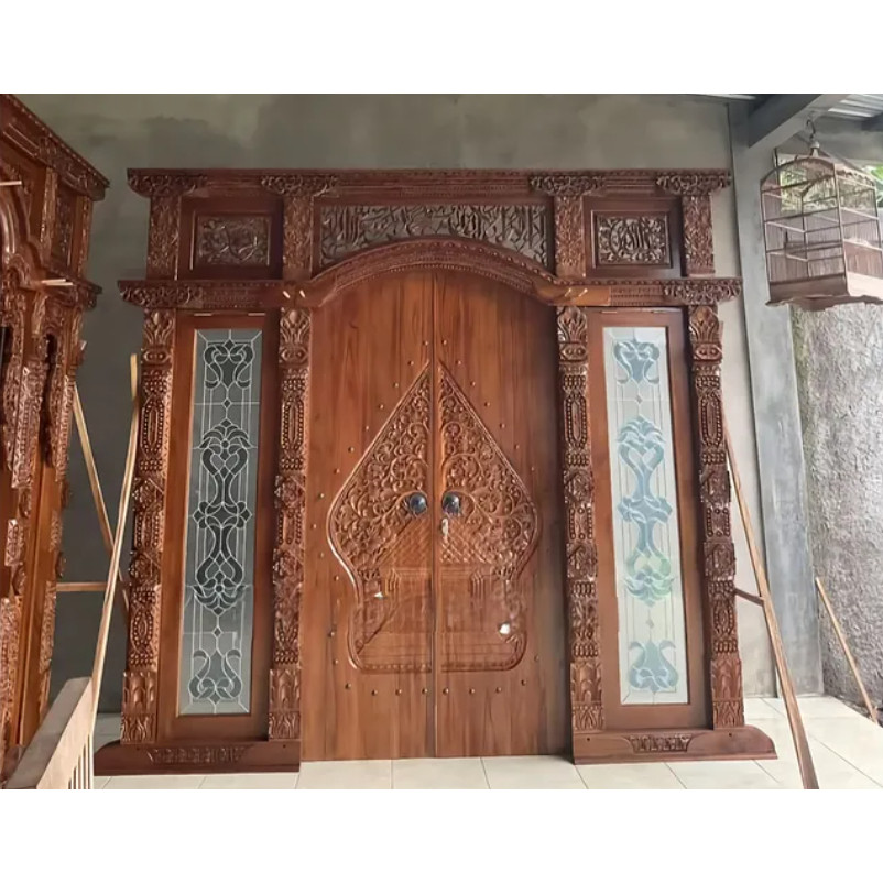 Pintu Gapura Gebyok Jati Ukir Bahan Kayu Full Jati Asli Motif Pintu Gunungan Wayang Tanap Hewan