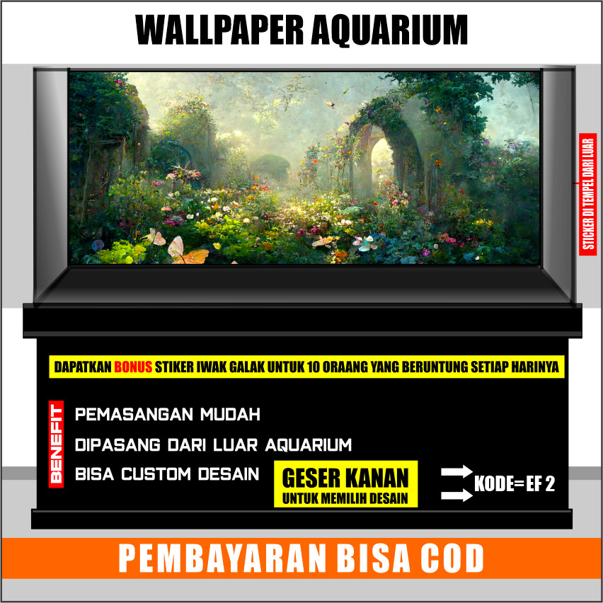 stiker wallpaper background aquarium belakang 3d ukuran jumbo / besar gambar fantasy pohon premium