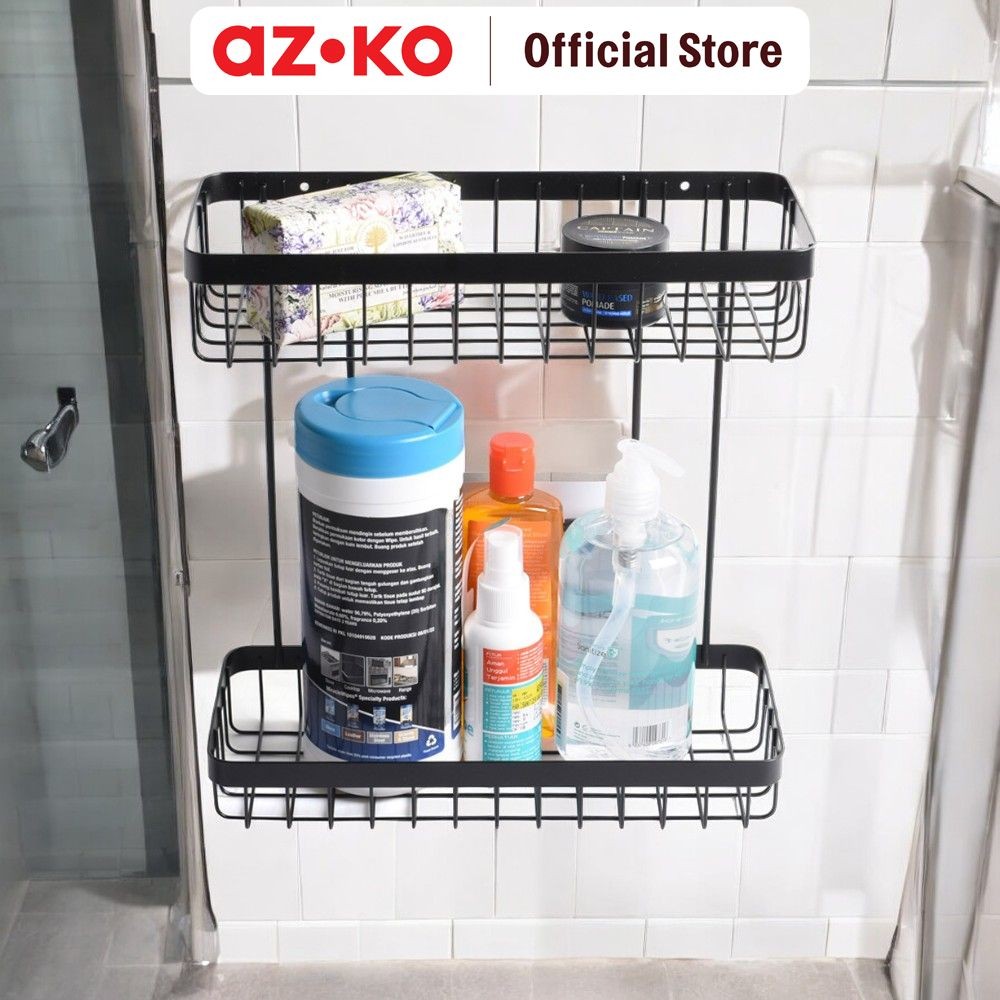 AZKO Stora Rak Dinding Kamar Mandi 2 Tingkat Rak Dinding Bathroom Rack Tier Shelf Dekorasi Kamar Man