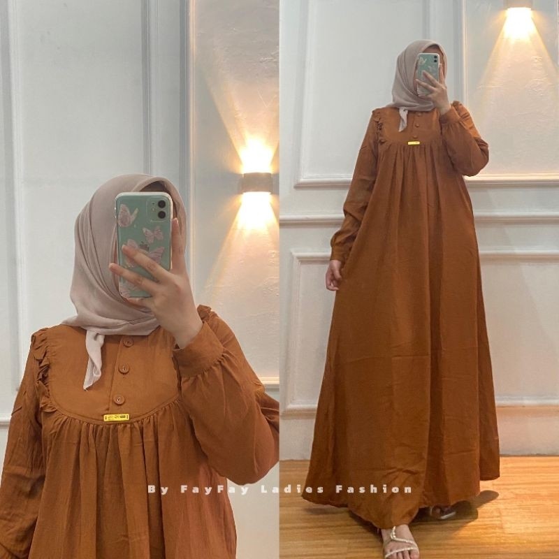 Gamis Sabrina Maxi Dress Wanita Muslim Crespo Import Premium Kancing Depan Kerah Shanghai Manset Bus