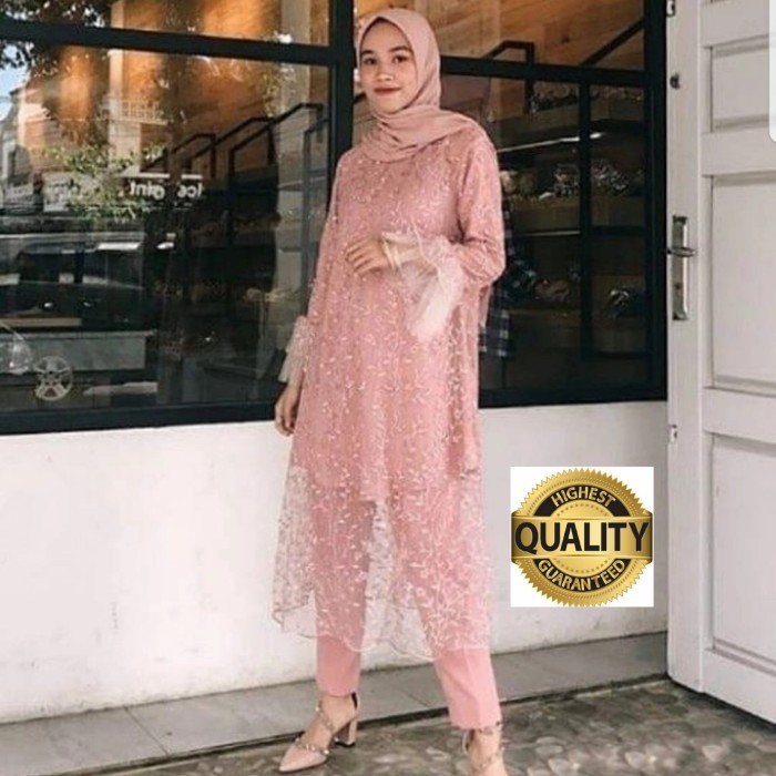 Setelan shanira set tunik pesta brokat tulle mewah muslim murah sha at - Dusty