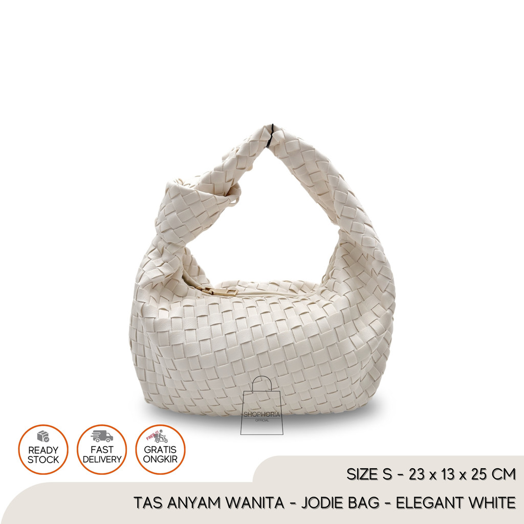 Tas Tenteng Anyam Wanita BV Mini Jodie Woven Bag Elegant White Size Small Kecil Jody Putih Broken Jo