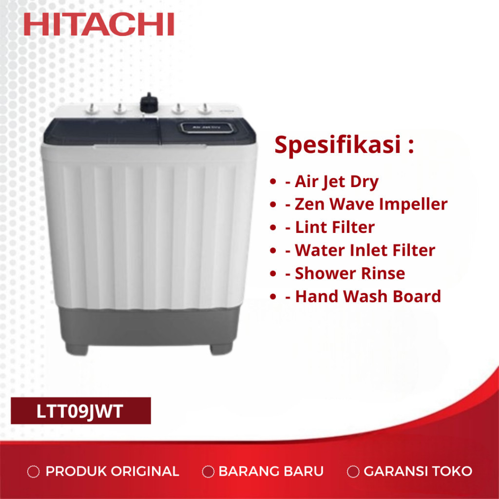 MESIN CUCI HITACHI 2 TABUNG LTT09JWT 9 KG MESIN CUCI 2 TABUNG GARANSI RESMI