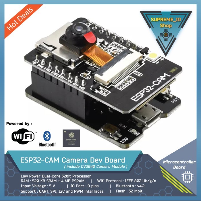 HD99 ESP32-CAM + OV2640 Camera + ESP-32 Dev Board Wifi Bluetooth CH340 TTL - Complete Set