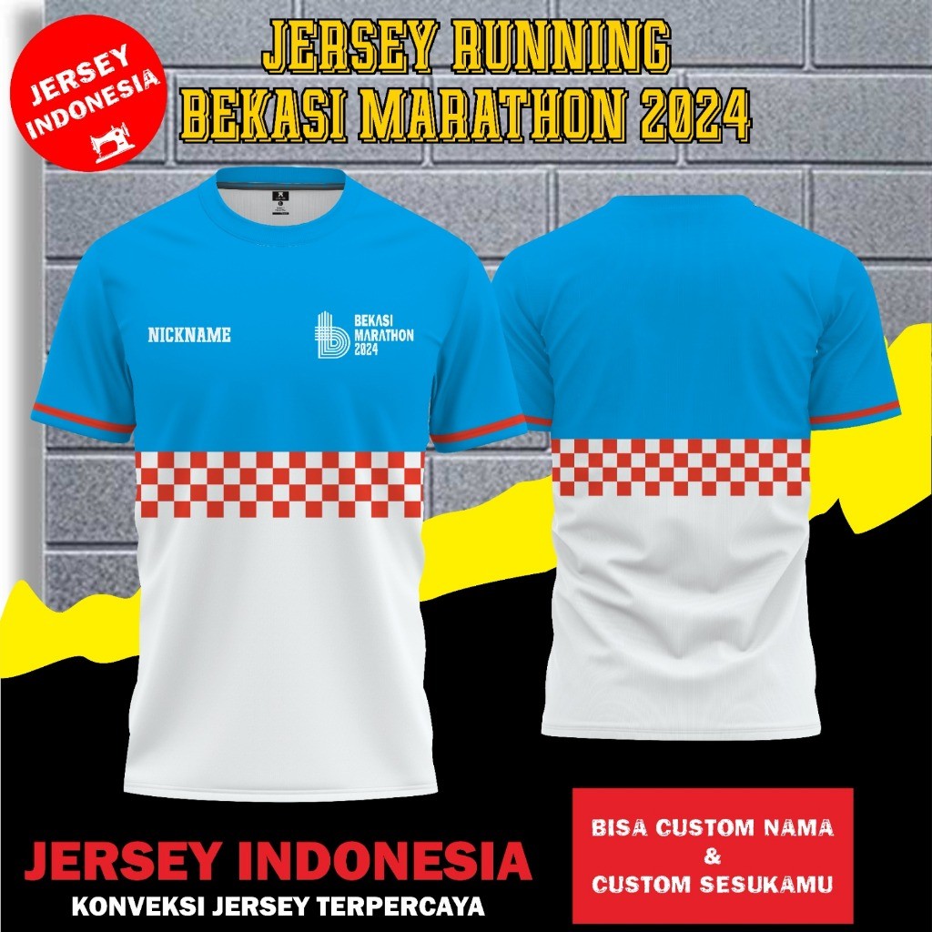 Jersey BEKASI MARATHON 2024, Jersey Olahraga Berbahan Dry Fit Full Printing & Free Custom Desain JAR