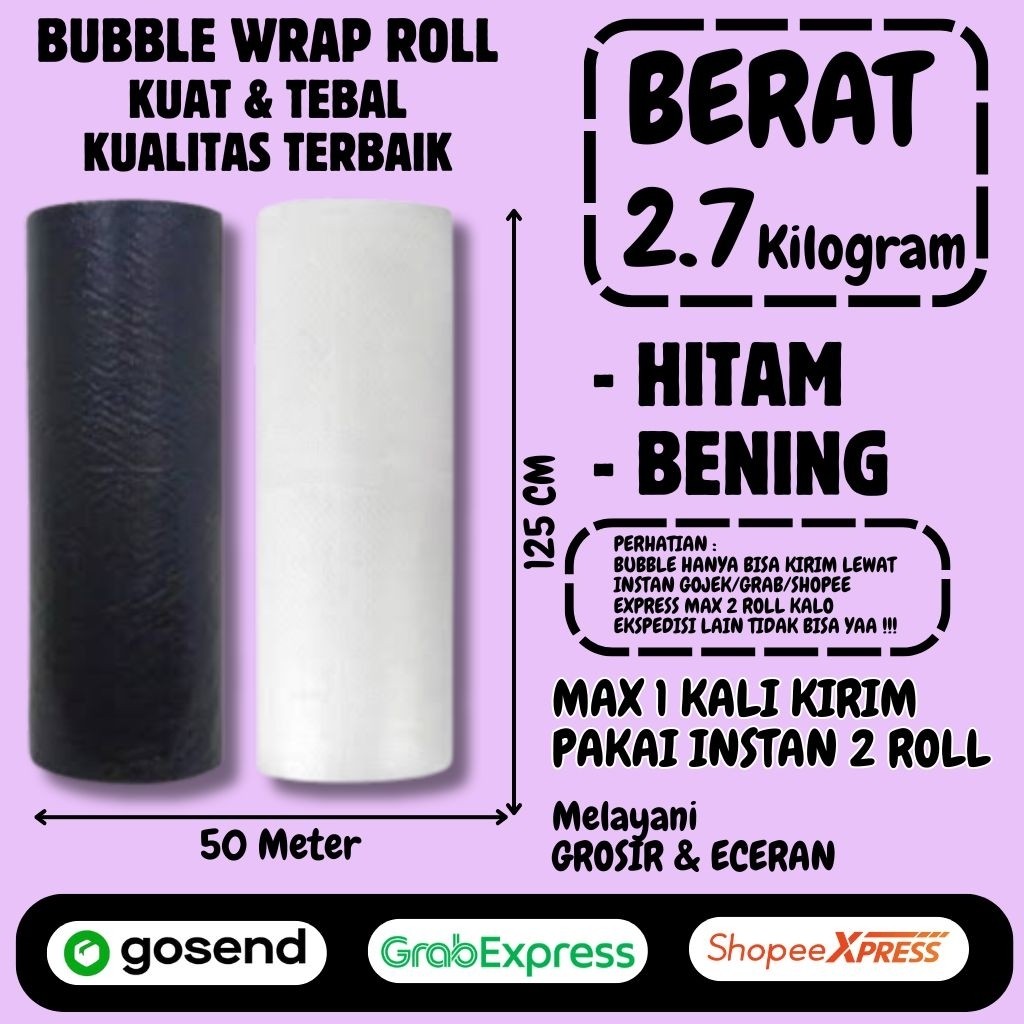 

Bubble Wrap Hitam/Bening Berat 2.7kg Lebar 125cm Panjang 50meter bubble wrap 125cm x 50m TERMURAH!!!!