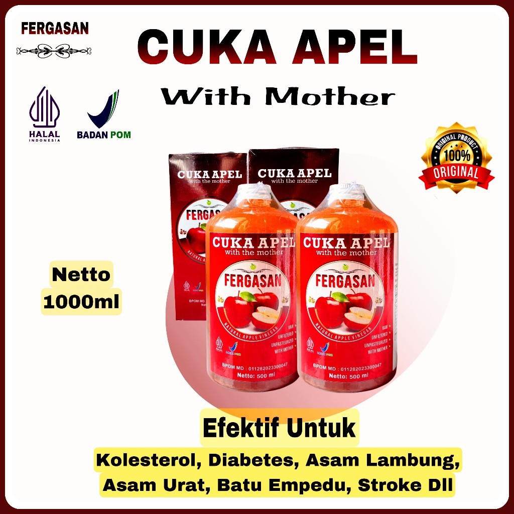 

Cuka Apel Premium 100% Original - Paket 2 Botol Isi 1000 ml - Apple Cider Vinegar 100% Organik